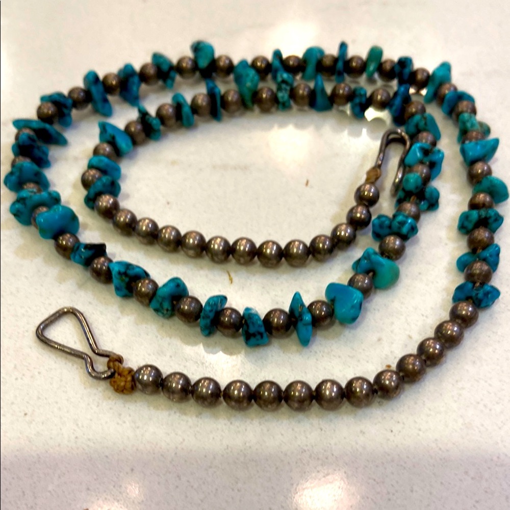 Vintage Genuine Chips Turquoise Sterling Silver Bead Chocker Necklace 17”